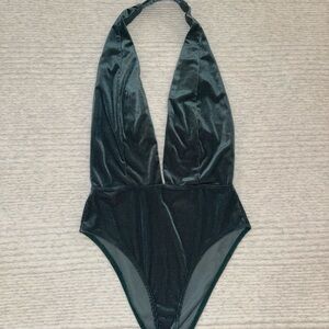 Teal Deep V-Neck Faux Velvet Bodysuit